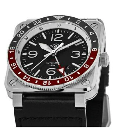 Pre-owned Bell & Ross Br 03-93 Gmt Black Dial Leather Men's Watch Br0393-bl-st/sca