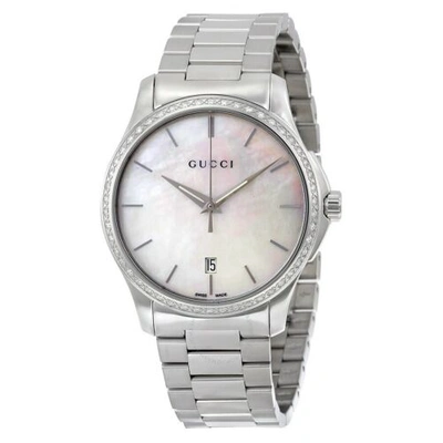 Pre-owned Gucci G-timeless Mother Of Pearl Diamond Dial Ss Quartz Ladies Watch Ya126444