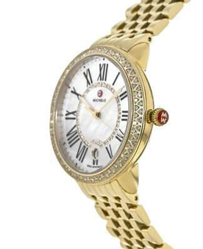 Pre-owned Michele Serein Diamond Yellow Gold Tone Mop Dial Women's Watch Mww21b000031