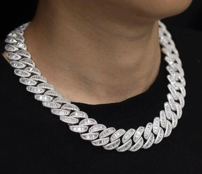 Pre-owned Online0369 12.18 Ct Baguette Round Cubic Zirconia 16mm X 20 Inch Cuban Link Necklace Silver In White