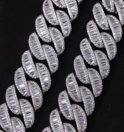 Pre-owned Online0369 12.18 Ct Baguette Round Cubic Zirconia 16mm X 20 Inch Cuban Link Necklace Silver In White