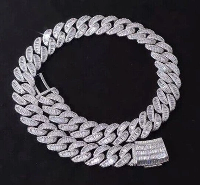 Pre-owned Online0369 12.18 Ct Baguette Round Cubic Zirconia 16mm X 20 Inch Cuban Link Necklace Silver In White