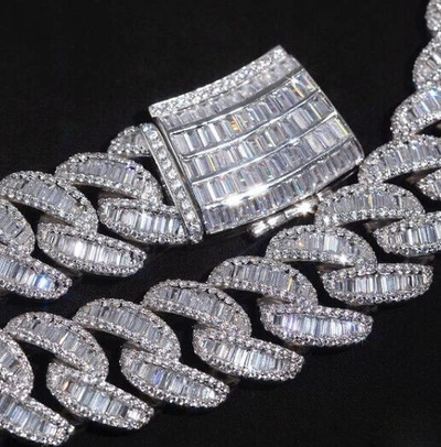 Pre-owned Online0369 12.18 Ct Baguette Round Cubic Zirconia 16mm X 20 Inch Cuban Link Necklace Silver In White