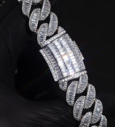 Pre-owned Online0369 12.18 Ct Baguette Round Cubic Zirconia 16mm X 20 Inch Cuban Link Necklace Silver In White