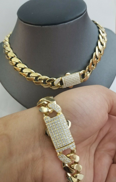 Pre-owned Globalwatches10 10k Real Gold Royal Miami Cuban Chain 14mm Royal Necklace Bracelet Set Men In Chain And Bracelet Set