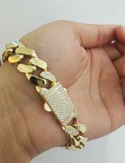 Pre-owned Globalwatches10 10k Real Gold Royal Miami Cuban Chain 14mm Royal Necklace Bracelet Set Men In Chain And Bracelet Set