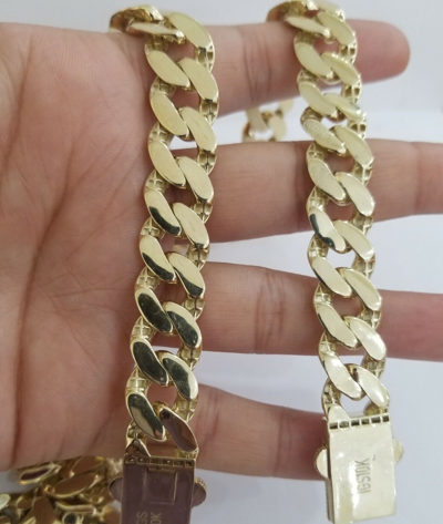 Pre-owned Globalwatches10 10k Real Gold Royal Miami Cuban Chain 14mm Royal Necklace Bracelet Set Men In Chain And Bracelet Set