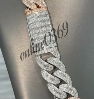 Pre-owned Online0369 Mens 14mm X 20 Inch Cuban Link Necklace 13ct Baguette Cubic Zirconia Silver In White
