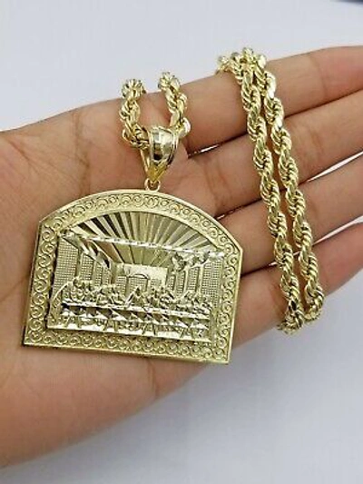 Pre-owned Globalwatches10 10k Yellow Gold Last Supper Pendant With Rope 26"chain Mens Necklace Diamond Cut