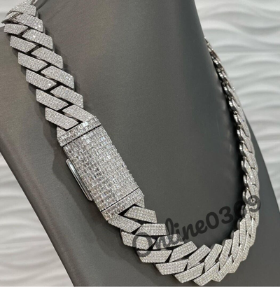 Pre-owned Online0369 Mens 20mm Thickness Cuban Chain Necklace Baguette Cubic Zirconia Silver Stud In White
