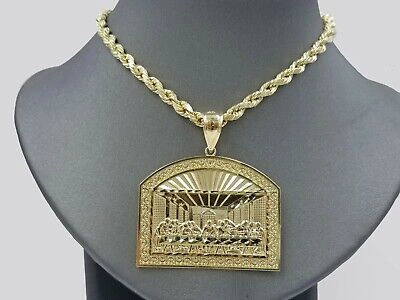 Pre-owned Globalwatches10 10k Yellow Gold Last Supper Pendant With Rope 26"chain Mens Necklace Diamond Cut