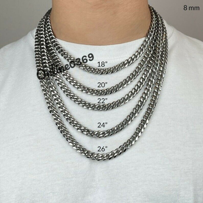 Pre-owned Online0369 Mens 20mm Thickness Cuban Chain Necklace Baguette Cubic Zirconia Silver Stud In White