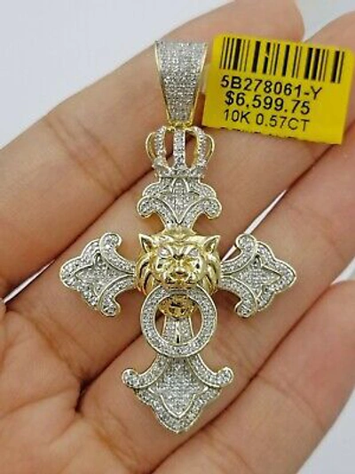 Pre-owned Globalwatches10 10k Yellow Gold Cross Roaring Lion Crown Charm/pendant With Real Diamonds