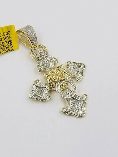 Pre-owned Globalwatches10 10k Yellow Gold Cross Roaring Lion Crown Charm/pendant With Real Diamonds