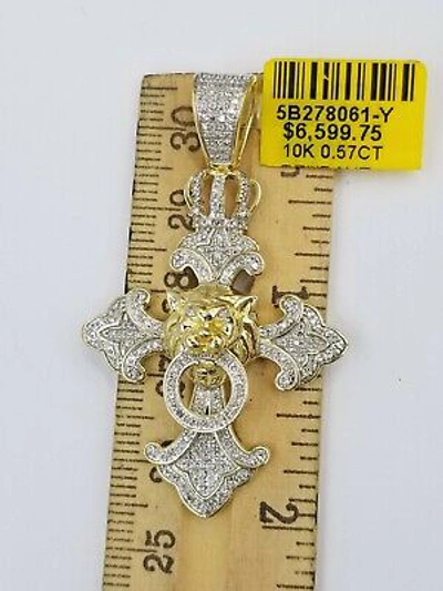 Pre-owned Globalwatches10 10k Yellow Gold Cross Roaring Lion Crown Charm/pendant With Real Diamonds