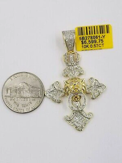 Pre-owned Globalwatches10 10k Yellow Gold Cross Roaring Lion Crown Charm/pendant With Real Diamonds