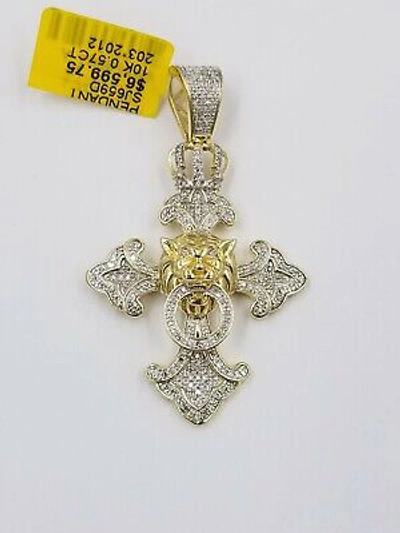 Pre-owned Globalwatches10 10k Yellow Gold Cross Roaring Lion Crown Charm/pendant With Real Diamonds