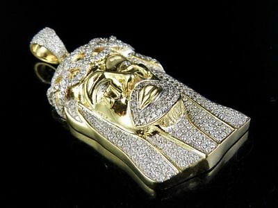 Pre-owned Jewelry Unlimited Men's Solid 10k Yellow Gold Genuine Diamond Jesus Face Pendant Charm 1 1/2 Ct 2" In White