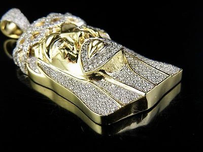 Pre-owned Jewelry Unlimited Men's Solid 10k Yellow Gold Genuine Diamond Jesus Face Pendant Charm 1 1/2 Ct 2" In White