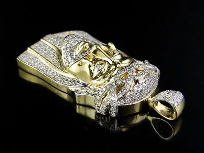 Pre-owned Jewelry Unlimited Men's Solid 10k Yellow Gold Genuine Diamond Jesus Face Pendant Charm 1 1/2 Ct 2" In White