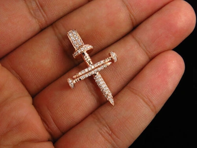 Pre-owned Jewelry Unlimited Men's 14k Rose Gold Nail Cross Genuine Diamonds 1.3 Inches Charm Pendant 0.80ct In F-g
