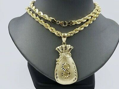 Pre-owned Globalwatches10 10k Yellow Gold Lucky $sign Bag Charm Money Bag Pendant With Rope Chain In 24"