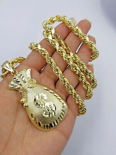 Pre-owned Globalwatches10 10k Yellow Gold Lucky $sign Bag Charm Money Bag Pendant With Rope Chain In 24"