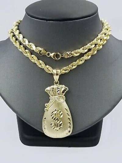 Pre-owned Globalwatches10 10k Yellow Gold Lucky $sign Bag Charm Money Bag Pendant With Rope Chain In 24"
