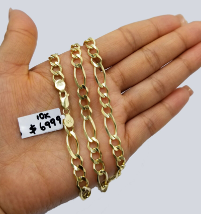 Pre-owned Globalwatches10 7mm 24" Solid 10k Yellow Gold Figaro Link Chain Heavy Necklace Men Women Real
