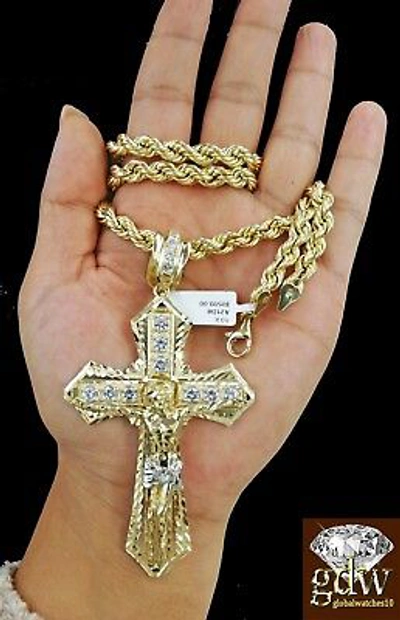 Pre-owned Globalwatches10 Real 10k Men Yellow Gold Jesus Cross Charm Pendant With 28 Inch Long Rope Chain