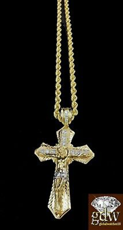 Pre-owned Globalwatches10 Real 10k Men Yellow Gold Jesus Cross Charm Pendant With 28 Inch Long Rope Chain