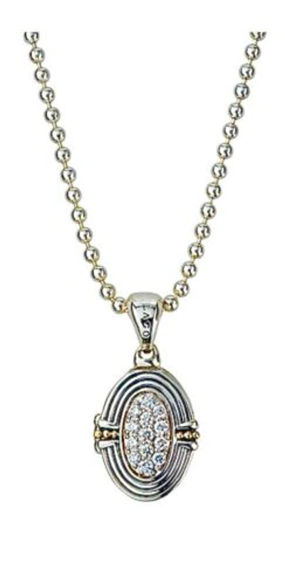 Pre-owned Lagos 18 K Gold & Sterling Silver Beloved Diamond 0.41 Oval Locket Necklace