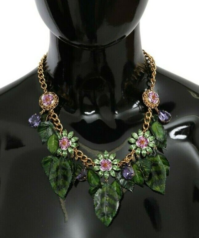 Pre-owned Dolce & Gabbana Necklace Green Leaves Gold Brass Crystal Flower Pendant