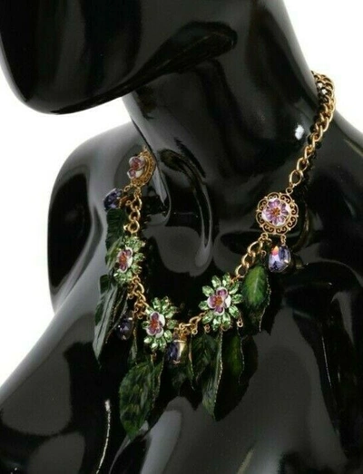 Pre-owned Dolce & Gabbana Necklace Green Leaves Gold Brass Crystal Flower Pendant