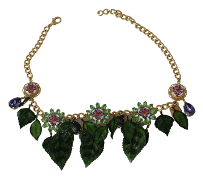 Pre-owned Dolce & Gabbana Necklace Green Leaves Gold Brass Crystal Flower Pendant