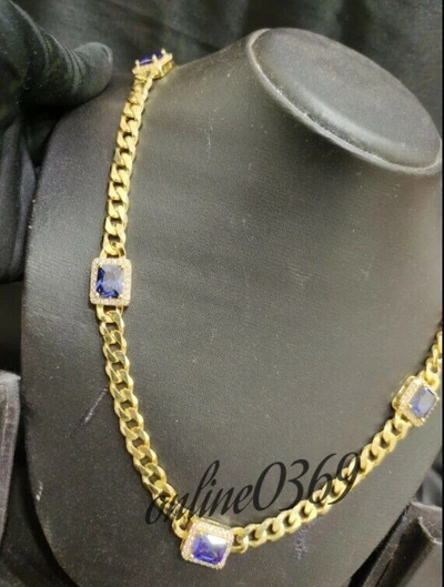 Pre-owned Online0369 6ct Emerald Tanzanite Cubic Zirconia 20" Cuban Link Classic Necklace Silver