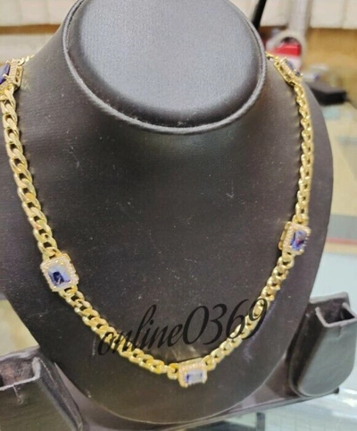 Pre-owned Online0369 6ct Emerald Tanzanite Cubic Zirconia 20" Cuban Link Classic Necklace Silver
