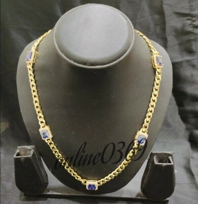 Pre-owned Online0369 6ct Emerald Tanzanite Cubic Zirconia 20" Cuban Link Classic Necklace Silver