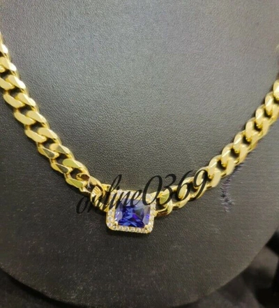 Pre-owned Online0369 6ct Emerald Tanzanite Cubic Zirconia 20" Cuban Link Classic Necklace Silver