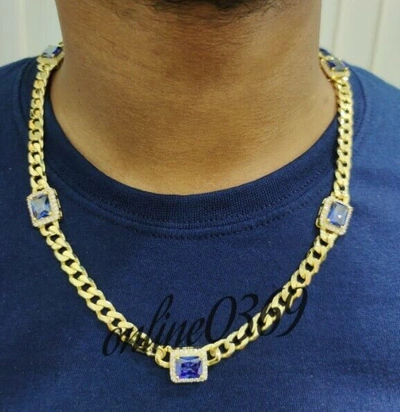 Pre-owned Online0369 6ct Emerald Tanzanite Cubic Zirconia 20" Cuban Link Classic Necklace Silver