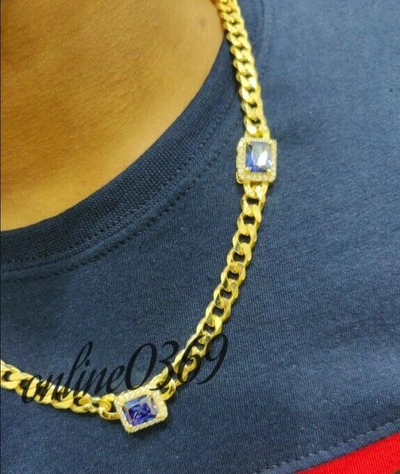 Pre-owned Online0369 6ct Emerald Tanzanite Cubic Zirconia 20" Cuban Link Classic Necklace Silver