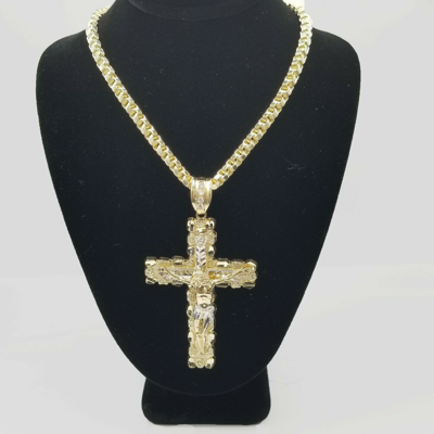 Pre-owned Globalwatches10 Mens 10k Yellow Gold Cross Charm Diamond Cut Pendant Byzantine Chain In 24" Real