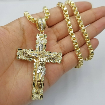 Pre-owned Globalwatches10 Mens 10k Yellow Gold Cross Charm Diamond Cut Pendant Byzantine Chain In 24" Real