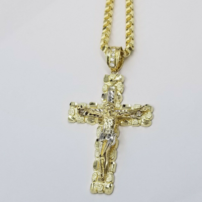 Pre-owned Globalwatches10 Mens 10k Yellow Gold Cross Charm Diamond Cut Pendant Byzantine Chain In 24" Real