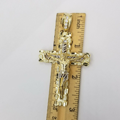 Pre-owned Globalwatches10 Mens 10k Yellow Gold Cross Charm Diamond Cut Pendant Byzantine Chain In 24" Real