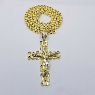 Pre-owned Globalwatches10 Mens 10k Yellow Gold Cross Charm Diamond Cut Pendant Byzantine Chain In 24" Real