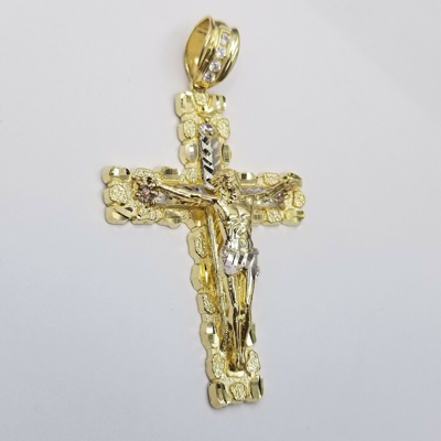 Pre-owned Globalwatches10 Mens 10k Yellow Gold Cross Charm Diamond Cut Pendant Byzantine Chain In 24" Real