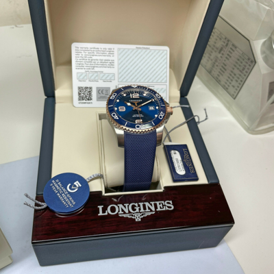 Pre-owned Longines 41mm Blue Ceramic Hydroconquest Rose Gold Watch L37813989 Authorizednew