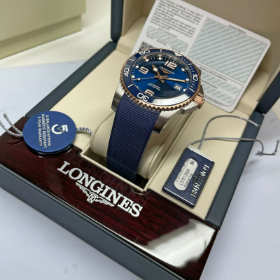 Pre-owned Longines 41mm Blue Ceramic Hydroconquest Rose Gold Watch L37813989 Authorizednew