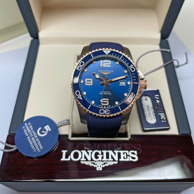 Pre-owned Longines 41mm Blue Ceramic Hydroconquest Rose Gold Watch L37813989 Authorizednew